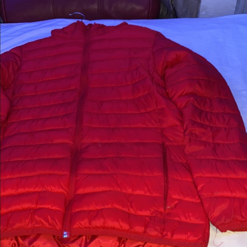 Red puffer jacket